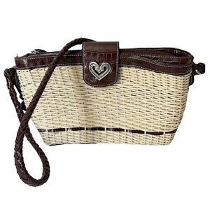 Brighton Leather‎ Braided Handle Wicker Woven Bag Purse Leather Trim Brown Tan